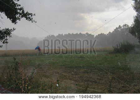 Storm Rainy Weather In Czech Landscape, Man With Umbrela