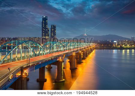 Seoul. Image of Seoul, South Korea with Dongjak Bridge and Hangang river at twilight.