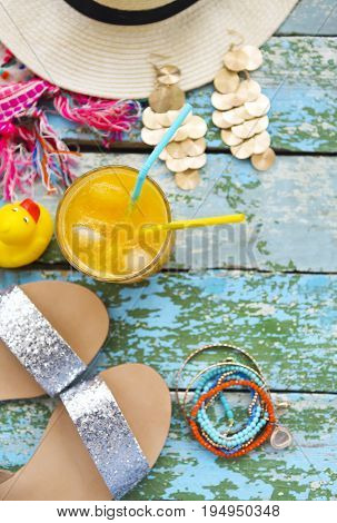 Young woman accessories for summer vacation. Modern lifesyle concept