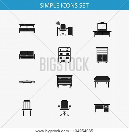 Set Of 12 Editable Furnishings Icons. Includes Symbols Such As Trestle, Ergonomic Seat, Tv And More. Can Be Used For Web, Mobile, UI And Infographic Design.