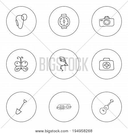 Set Of 9 Editable Camping Icons. Includes Symbols Such As Beauty Insect, Shovel, Medical Kit And More. Can Be Used For Web, Mobile, UI And Infographic Design.