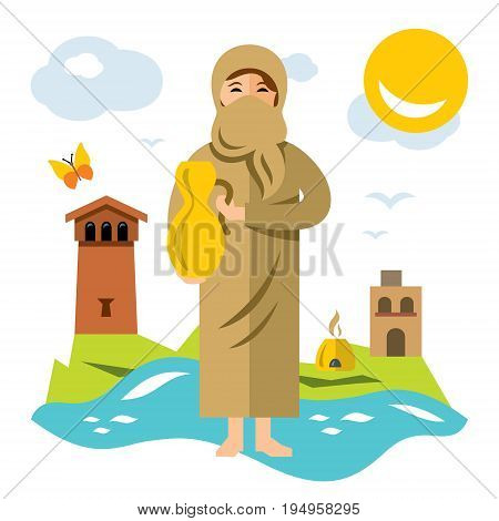 Arab girl with pitcher. Isolated on a white background
