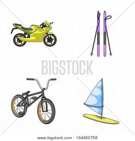 Motorcycle, mountain skiing, biking, surfing with a sail.Extreme sport set collection icons in cartoon style vector symbol stock illustration .