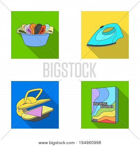 A bowl with laundry, iron, ironing press, washing powder. Dry cleaning set collection icons in flat style vector symbol stock illustration .