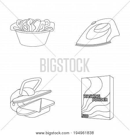 A bowl with laundry, iron, ironing press, washing powder. Dry cleaning set collection icons in outline style vector symbol stock illustration .