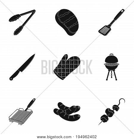 Meat, steak, firewood, grill, table and other accessories for barbecue.BBQ set collection icons in black style vector symbol stock illustration .