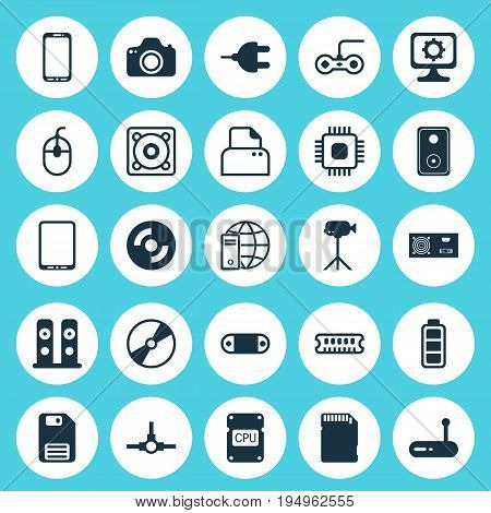 Hardware Icons Set. Collection Of PC, Joystick, Loudspeakers And Other Elements. Also Includes Symbols Such As Disk, Wifi, Gear.