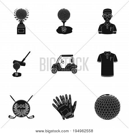 A golfer, a ball, a club and other golf attributes.Golf club set collection icons in black style vector symbol stock illustration .