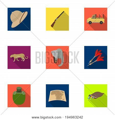 Rifle, mask, map of the territory, diamonds and other equipment. African safari set collection icons in flat style vector symbol stock illustration .