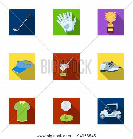 A golfer, a ball, a club and other golf attributes.Golf club set collection icons in flat style vector symbol stock illustration .