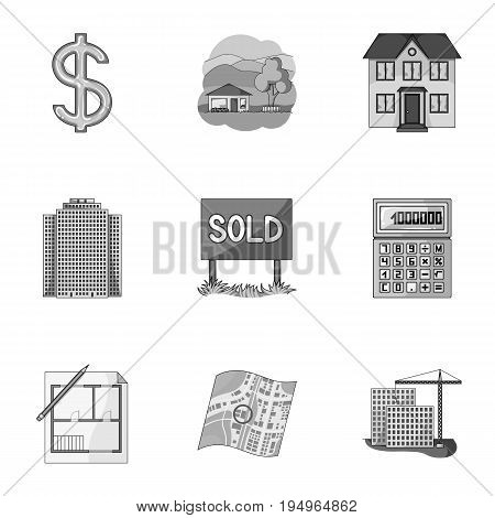 Real estate agency and other attributes. Realtor set collection icons in monochrome style vector symbol stock illustration .