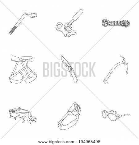 Ice ax, conquered top, mountains in the clouds and other equipment for mountaineering.Mountaineering set collection icons in outline style vector symbol stock illustration .