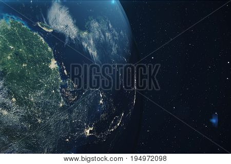 3D Rendering Planet earth from the space at night. The World Globe from Space in a star field showing the terrain and clouds Elements of this image furnished by NASA