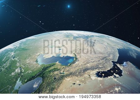 3D Rendering Planet earth from the space at night. The World Globe from Space in a star field showing the terrain and clouds Elements of this image furnished by NASA