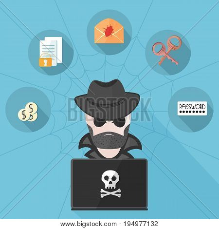A bearded hacker in a raincoat wearing dark glasses and a hat behind a computer with a skull. Cyber Attack. Documents, letter, keys, password Vector icons in a flat style
