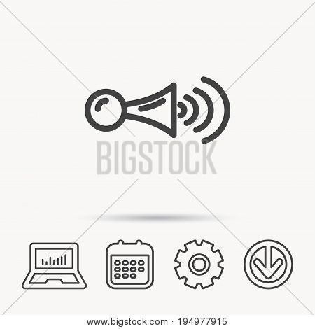 Klaxon signal icon. Car horn sign. Notebook, Calendar and Cogwheel signs. Download arrow web icon. Vector