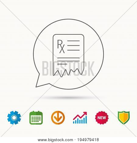Medical prescription icon. Health document sign. Calendar, Graph chart and Cogwheel signs. Download and Shield web icons. Vector