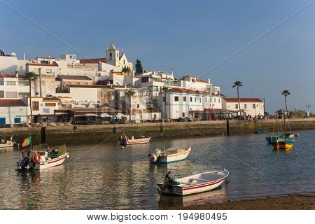 FERRAGUDO, PORTUGAL - APRIL 24, 2017: Picturesque view of Ferragudo fishing village in Algarve, Portugal