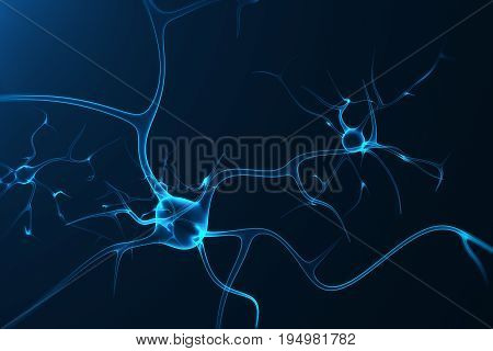 Conceptual illustration of neuron cells with glowing link knots. Synapse and Neuron cells sending electrical chemical signals. Neuron of Interconnected neurons with electrical pulses. 3D rendering