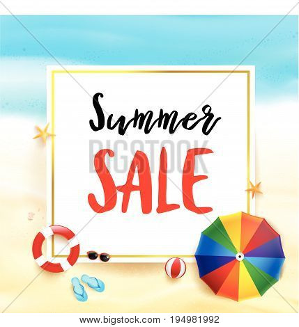 Summer sale titile on white rectangle over Abstract background top view of sand and sea beach starfish shell rock and umbrella for summer vacation promotion concept vector illustration eps10