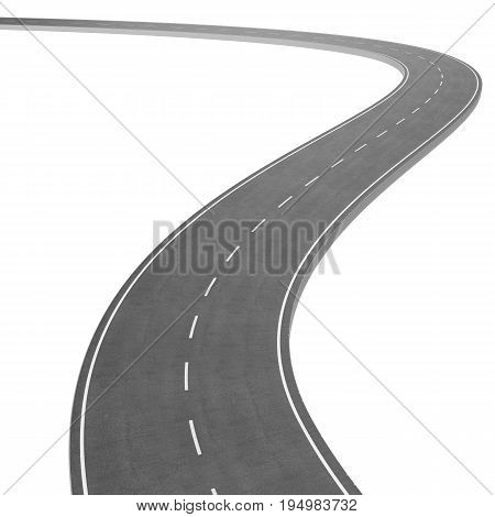 Winding Road isolated on White Background. Road way location infographic template. Two-way road bending on a white background. Asphalt road with turns. 3D rendering