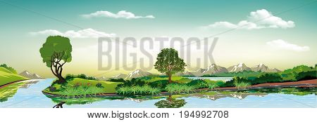 Panorama of nature - green island on the lake. Countryside. Trees and vegetation near the water. The mountains on the horizon. Vector illustration