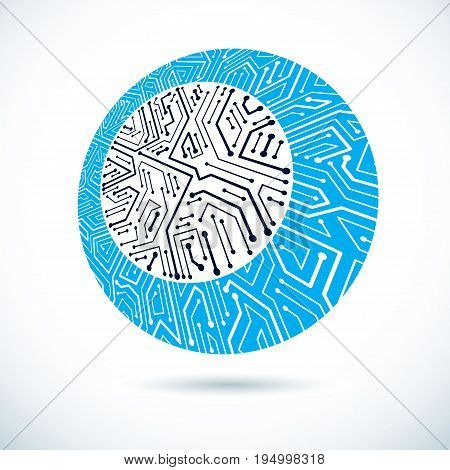 Vector round circuit board with electronic components of technology device. Computer motherboard cybernetic abstraction.