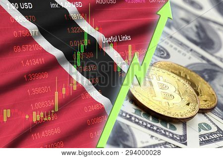 Trinidad And Tobago Flag And Cryptocurrency Growing Trend With Two Bitcoins On Dollar Bills