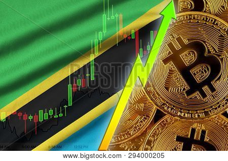 Tanzania Flag And Cryptocurrency Growing Trend With Many Golden Bitcoins