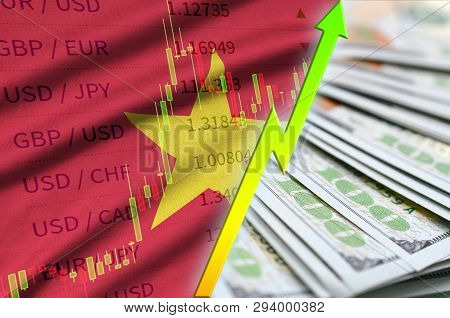 Vietnam Flag And Chart Growing Us Dollar Position With A Fan Of Dollar Bills