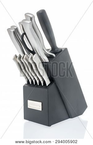Winneconne, Wi -  7 April 2019: A Block Of Cuisinart Classic Collection Stainless Steel Cutlery On A