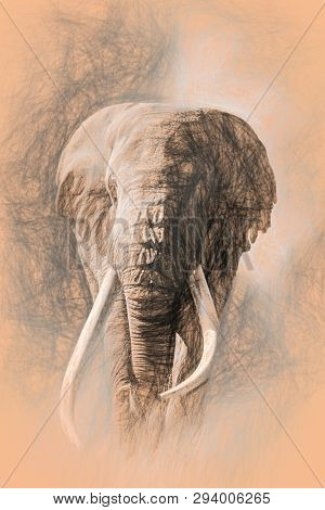 Giant tusked bull elephant, Tusker Tim,  in Amboseli, Kenya, in a cloud of dust. Pencil sketch on peach coloured, warm toned paper. 