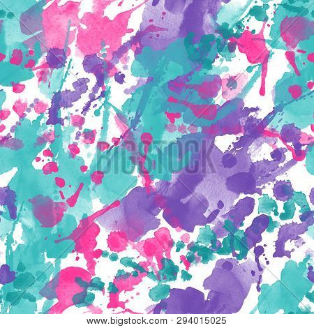 Abstract Watercolor Splatter Seamless Pattern. Colorful Brush Strokes, Blots, Spray Backgrond In Tur