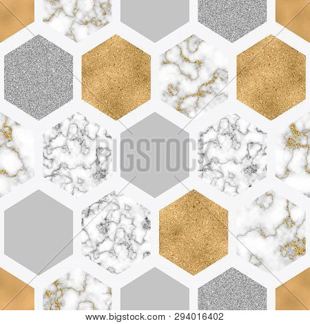 Hexagon Seamless Pattern With Digital Marble Paper, Shiny Gold Foil, Silver Glitter Texture. Geometr