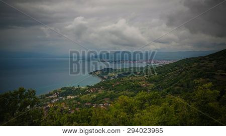 Panoramic Aerial View To Ohrid Lake And City , Konjsko, Elshani, North Macedonia