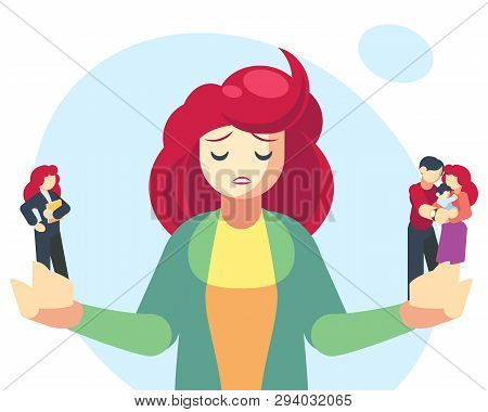 Woman Choosing Between Family Or Parent Responsibilities And Career Or Professional Success. Difficu