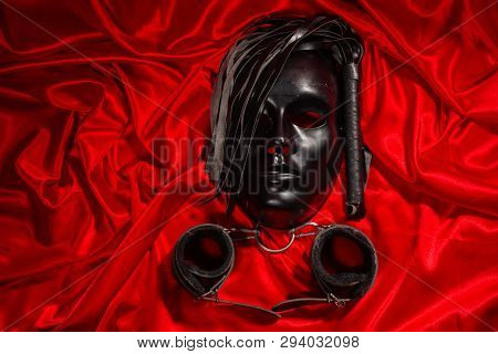 Bondage, Kinky Adult Sex Games, Kink And Bdsm Lifestyle Concept With A Mask, Pair Of Leather Handcuf