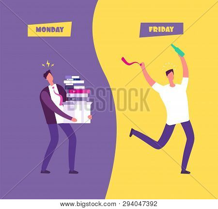 Happy Friday Concept. Businessman In Sad Overwhelmed Monday Vs Relax Friday. Enjoy Weekend Cartoon V