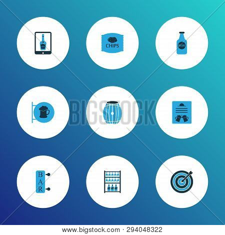 Beverages Icons Colored Set With Beer Bottle, Tablet, Darts And Other Aim Elements. Isolated Vector 