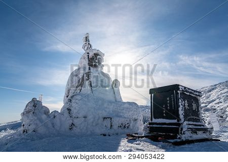 Beautiful Silhouette Scenic View Of Big Buddha Jizo Statue On Summit Of Zao Mountain, Yamagata, Toho