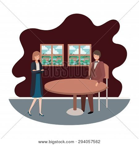 Couple Business In The Room With View The Landscape Vector Illustration Desing