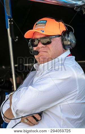 April 05, 2019 - Detroit, Michigan, USA: Team Owner, Chip Ganassi, watches his cars practice for the Honda Indy Grand Prix of Alabama at Barber Motorsports Park in Birmingham, Alabama.