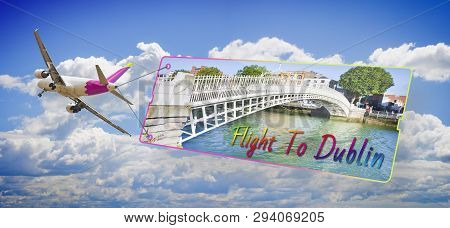 Plane Towing A Signboard Whit Image Of Dublin (ireland) - Imaginary Graphic On The Fuselage