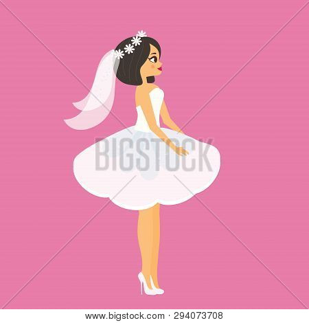 Cartoon Bride. Happy Female In Fashionable Short Wedding Dress. Attractive Fiancee Women