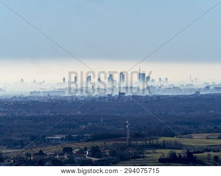 Montevecchia, Lecco, Brianza, Lombardy, Italy: Panoramic View Of Milan And Its Skyscrapers