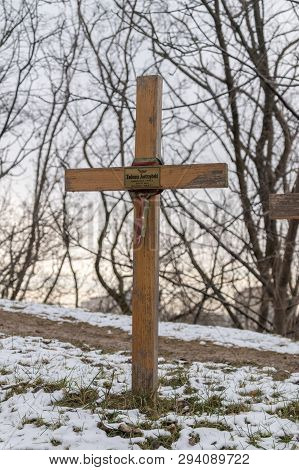 Warsaw, Poland - February 23, 2019: Memorial Cross To Tadeusz Jastrzebski At Mound Of The Warsaw Upr