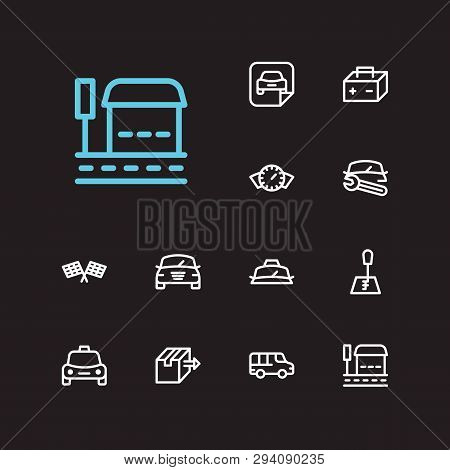 Auto Icons Set. Bus Stop And Auto Icons With Auto Gear, Delivery Logistic And Van. Set Of Model For 