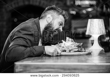 Enjoy Meal. Cheat Meal Concept. Hipster Hungry Eat Pub Fried Food. Manager Formal Suit Sit At Bar Co