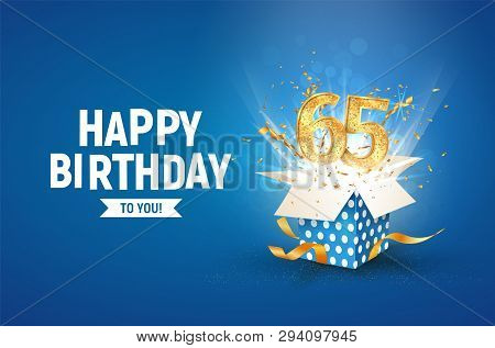 65 Th Years Anniversary Banner With Open Burst Gift Box. Template Sixty Fifth Birthday Celebration A