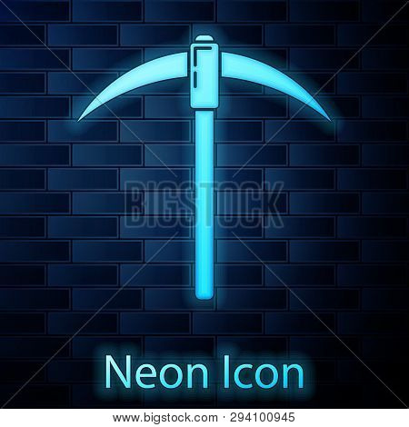 Glowing Neon Pickaxe Icon Isolated On Brick Wall Background. Blockchain Technology, Cryptocurrency M